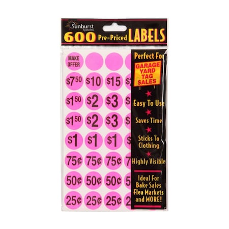 Sunburst Systems Labels Assorted Pink Yellow Orange Green Pre-Priced, 2400 Count, PK2400 7055